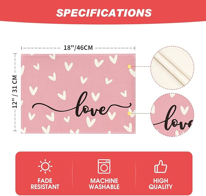 Artoid Mode Pink Love Hearts Placemats Set of 4, 12x18 Inch Seasonal Table Mats for Party Kitchen Dining Decoration