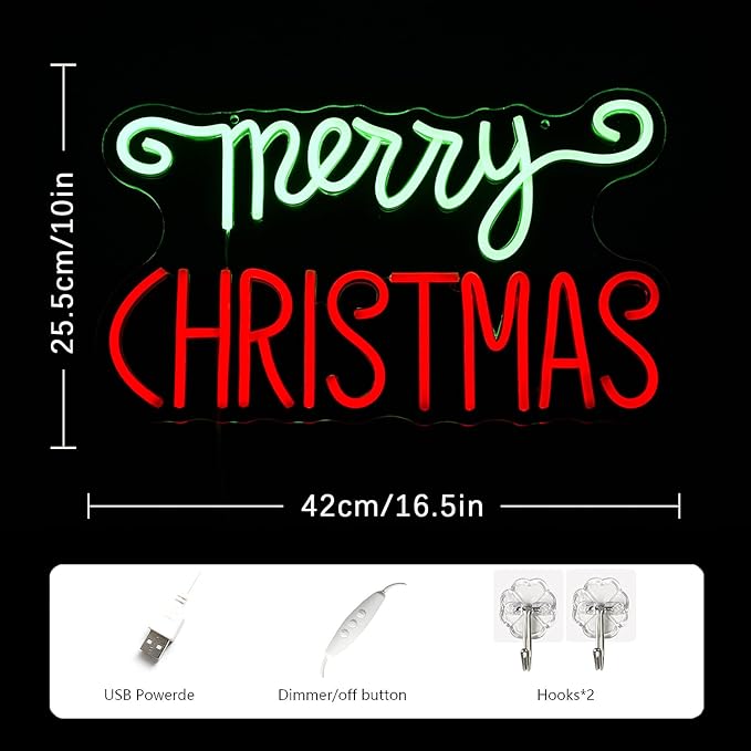 Merry Christmas Neon Signs Red Green Merry Christmas Neon Light Dimmable Neon Light with Switch Novelty Lighting for Wall Decor Christmas Party Kids Room New Year Wedding Birthday Party