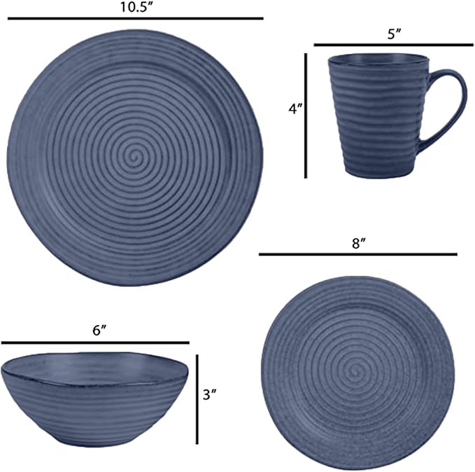 Elanze Designs Charming Chic Ribbed Modern Thrown Pottery Look Ceramic Stoneware Plate Platter Mug & Bowl Kitchen Dish Dinnerware 16 Piece Set - Service for 4, Navy Royal Blue