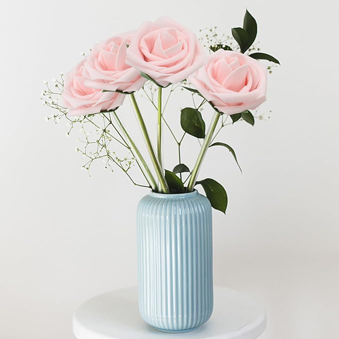 200PCS Artificial Flowers Light Pink Roses Real Looking Foam Fake Roses with Leaves and for DIY Wedding Bouquets Bridal Shower Centerpieces Party Decorations (Light Pink, 200)