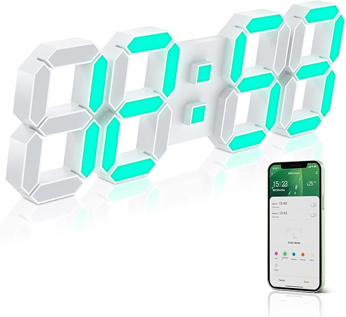 EDUP HOME 15" Multicolor LED Digital Wall Clock Alarm Clocks with APP Control, 3D LED Light Decorate Clocks with 5 Levels Brightness/Time/Date/Temperature Display, for Kitchen Bedroom Office