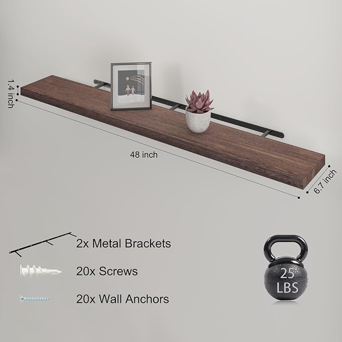 Floating Shelves 48 Inch Wall Shelf Solid Wood Mounted Storage for Bedroom Living Room Set of 2, Rustic Brown Wall Shelves