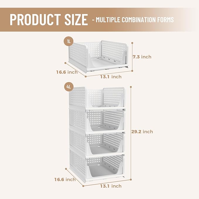 Pinkpum Stackable Plastic Storage Basket, Foldable Closet Organizers and Storage Bins 4 Pack Drawer Shelf Storage Container for Wardrobe Kitchen Bathroom Office Dorm Off White