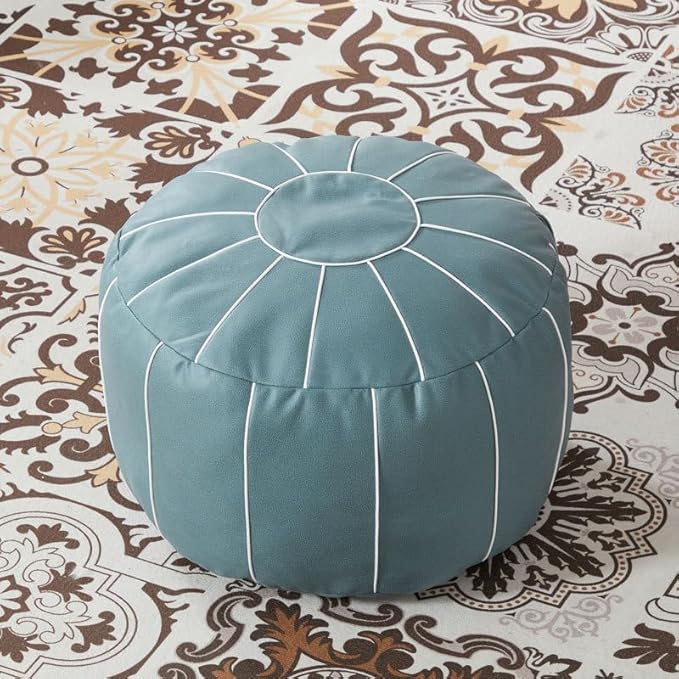 Louis Donné 21 Inch Unstuffed Moroccan Pouf Ottoman Cover, Handmade Faux Leather Foot Stool, Round Storage Poof Cover, Exotic Décor for Living Room Bedroom or Wedding Gifts (Blue)