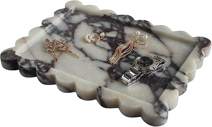 Natural Luxury Scalloped Marble Tray 10.8"x8", Rectangle Vanity Tray for Bathroom Kitchen Counter, Decorative Tray for Dresser Home Decor (calacutta Purple)