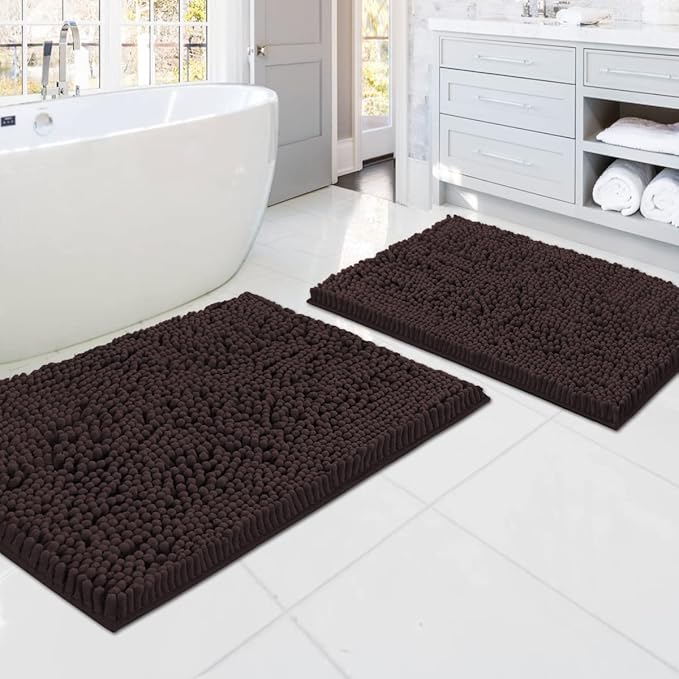 H.VERSAILTEX Bathroom Rugs Bath Mats for Bathroom Non Slip Luxury Chenille Bathroom Rugs Extra Soft Absorbent Shaggy Bathroom Mat Rugs Washable Fast Dry 2 Piece (Chocolate, 20" x 32"/17" x 24")