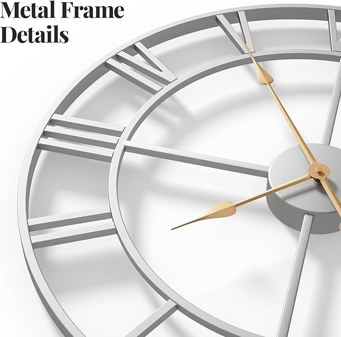 Large 36 Inch Wall Clock Silver, Modern Decorative Metal Wall Clocks for Living Room, Completely Silent Non Ticking Battery-Operated Roman Numeral Analog Round Clocks