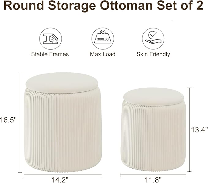 Round Ottoman with Storage Set of 2, White Vanity Stool, Upholstered Velvet Storage Ottomans, Makeup Chair Seat for Bedroom, Small Pouf Footstool for Living Room