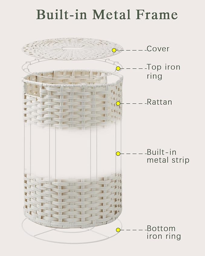 Large Laundry Hamper Laundry Basket Round 34.3 Gal (130 L) Handwoven Wicker Laundry Baskets Rattan Laundry Basket with Laundry Bag Handles 2 Mesh Bags for Living Room Bedroom White