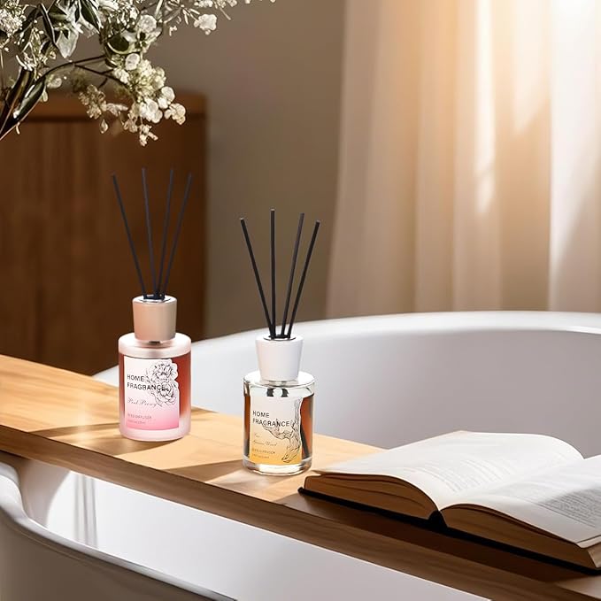 Reed Diffuser - Sea Guaiac Wood&Pink Peony 4.06oz (120ml) 2 Packs Essential Oil Reed Diffuser Set with 16 Sticks, Long Lasting Fragrance for Home, Bathroom, Bedroom, Room, Decor