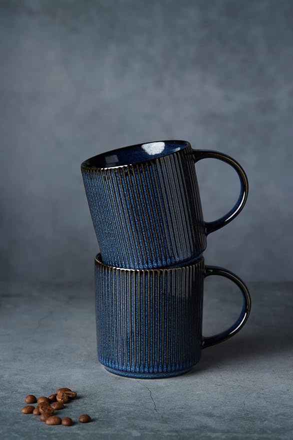 famiware Coffee Mug Set for 6, Star 12 oz Catering Mugs Cup Set with Handle for Coffee, Tea, Cocoa, Milk - Ceramic Stoneware Drinkware Set, Nebulas Blue