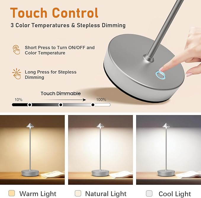 Rechargeable Cordless Table Lamp, 6000mAh LED Battery Operated Desk Lamp Touch 3 Color Stepless Dimming Portable Outdoor Waterproof Table Light for Patio/Restaurant/Dining/Home (Silver)
