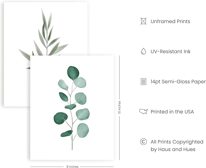 Haus and Hues Plant Wall Art - Green Wall Art Collection, Botanical Prints, Leaves Paintings for Minimalist Decor (8x10, UNFRAMED)