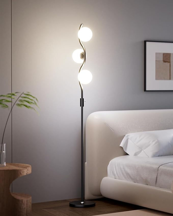 60IN Dimmable (Brightness Adjustable) Black Floor Lamp, Modern Standing Lamps with 3 Globe Soft Warm White 3000K Bulbs, Mid Century Floor Lamp for Living Room Bedroom Home Decor