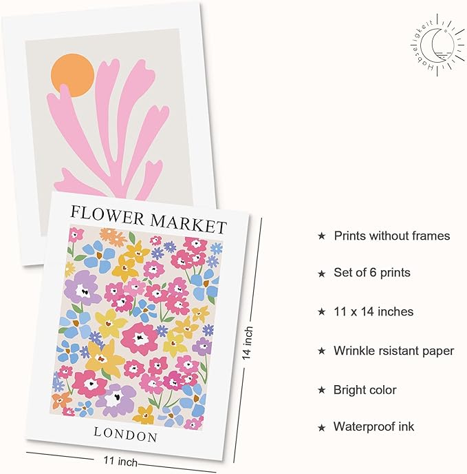 Habseligkeit Pink Danish Pastel Wall Decor for Girls Dorm, Boho Matisse Wall Art Prints, Flower Market Posters for Room Decor Aesthetic Unframed, 11x14in, Set of 6