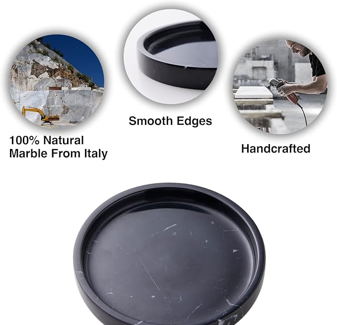100% Carved Marble Round Vanity Tray 5.5'', for Kitchen Bathroom Countertop, Nightstand Decor, Candle Holder, Jewelry Rind Dish, Trinket Plate, Table Accents, Black