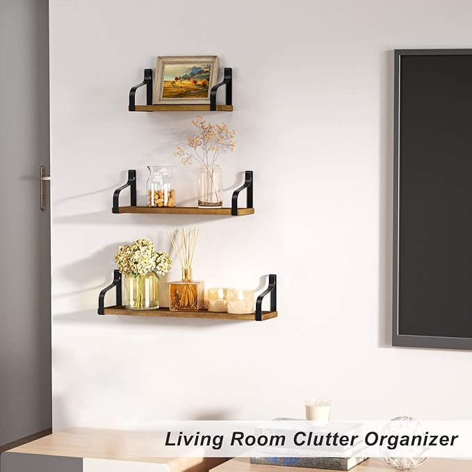 Love-KANKEI Floating Storage Wall Shelves Mounted Set of 3, Rustic Wood for Bedroom, Living Room, Bathroom, Kitchen and More Light Walnut
