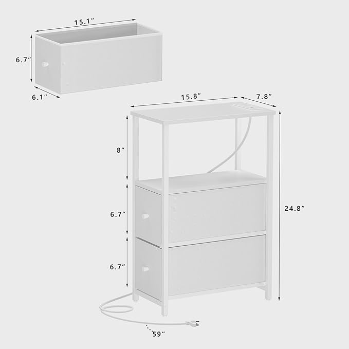 TUTOTAK Small Narrow End Table with Charging Station, Set of 2, Side Table with Outlets, Nightstand with 2 Cloth Drawers, Couch Table, for Living Room, Bedroom, Bedside, White TB01BW055