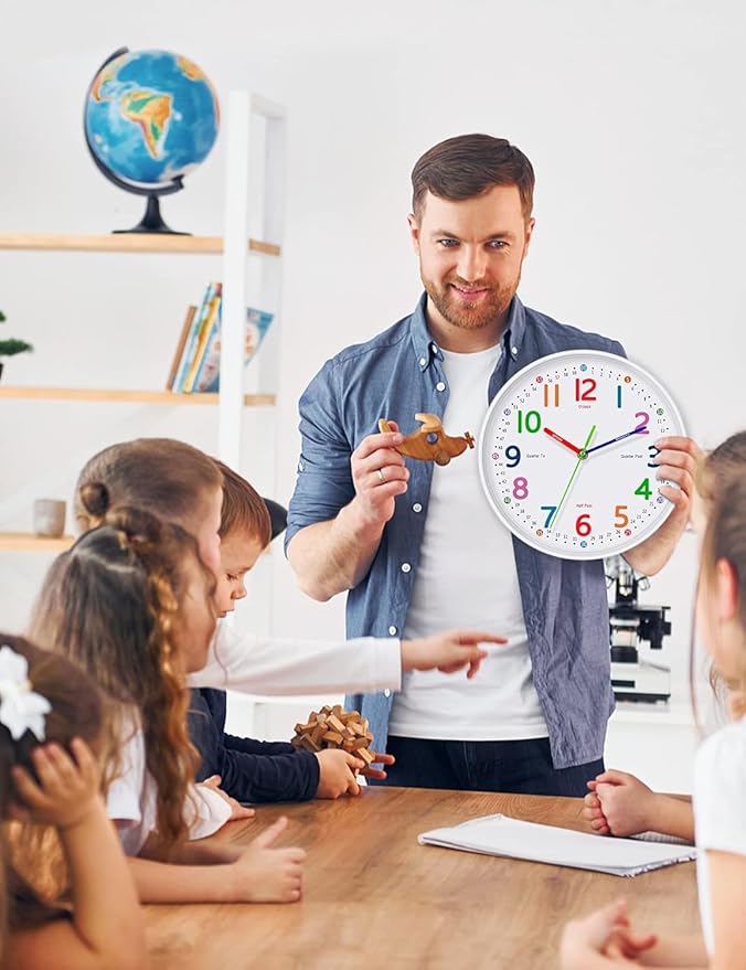 Silent Kids Wall Clock – Non-Ticking, Battery-Powered, Ideal for Teaching Time and Stylish Décor in Any Room - 8 Inch