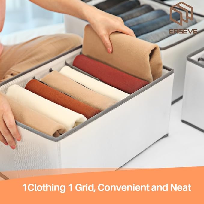 Wardrobe Closet Organizer and Storage for Clothes - 7 Grids Foldable Drawer Dividers Organizers for Jeans | Pants | Shirts | Leggings, Stackable Clothing Bins for Closets Organization (1PCS)