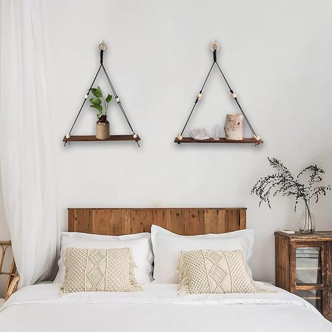 Artilady 2 Pack Wooden Wall Hanging Shelves - Macrame Hanging Plant Shelf Boho, Handmade Rustic Hanger Planter Rack Pot Stand Holder Storage Floating Shelves