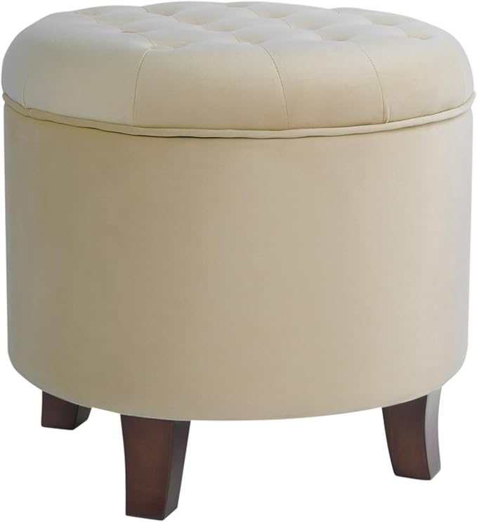 Homepop Home Decor | Upholstered Round Velvet Tufted Foot Rest Ottoman | Ottoman with Storage for Living Room & Bedroom | Decorative Home Furniture, Cream Small