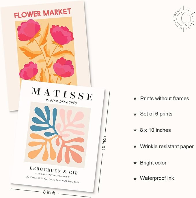 Habseligkeit Flower Market Wall Art Posters for Room Decor Aesthetic, Pink Wall Decor, Warm Matisse Home Decor for Girls Dorm, Unframed, 8x10in, Set of 6