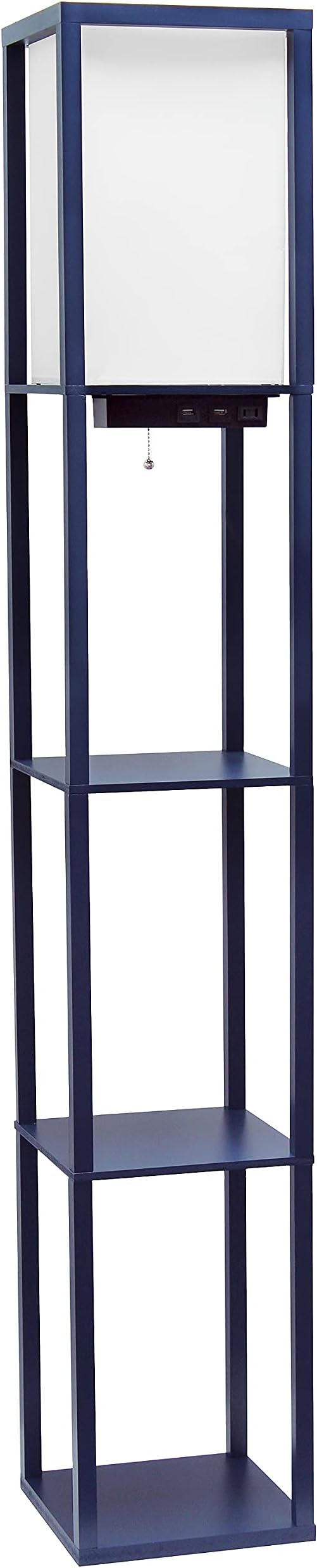 Simple Designs LF1037-NAV Floor Lamp Etagere Organizer Storage Shelf with 2 USB Charging Ports, 1 Charging Outlet and Linen Shade, Navy Blue