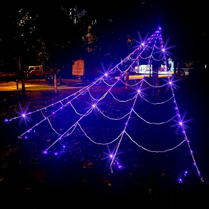 5Ft Giant Lighting Halloween Spider 20 * 17FT Spider Web 250 Led Lights Light Up Purple&Orange Triangular Battery Operated 200sqft Cobweb 20 Small Spiders for Indoor and Outdoor Decor Decoration