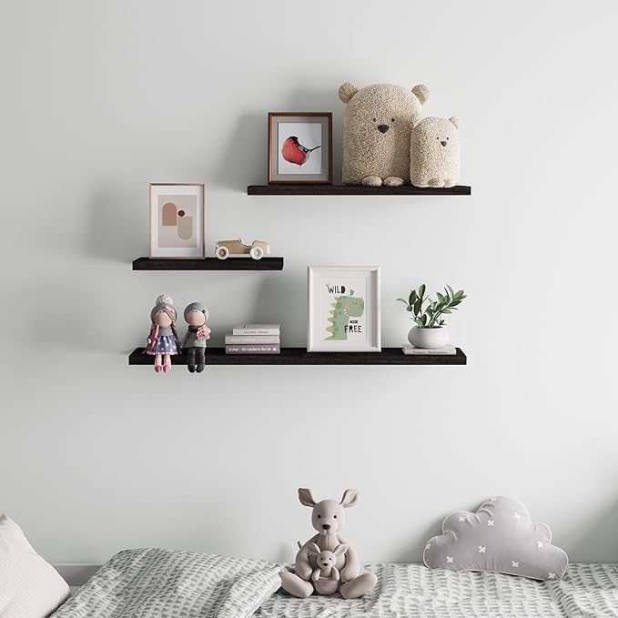 Floating Shelves 24 Inch Wall Shelf Solid Wood Mounted Storage for Bedroom Living Room Set of 3, Black Wall Shelves