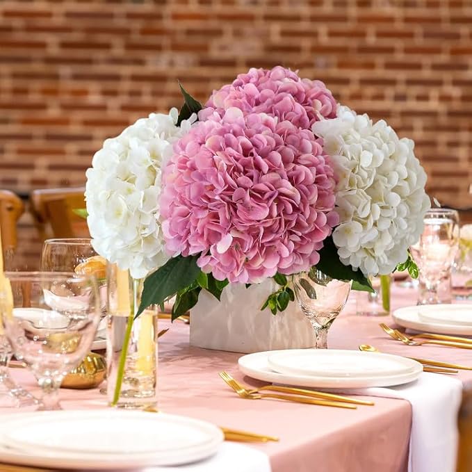 4pcs Pink Silk Hydrangea Fake Flowers,22" Artificial Flowers Bouquets Silk Faux Hydrangea Stems for Home Wedding Party Table Core Decoration (Pinkish Purple)