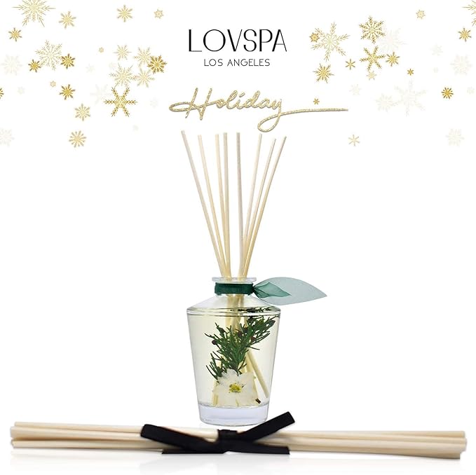LOVSPA Sparkling Balsam Pine Reed Diffuser Oil Set – Christmas Tree Fir Needles and Birch Wood Scent with Real Botanicals - Elegant Glass Bottle - Christmas Holiday Decor - Made in The USA
