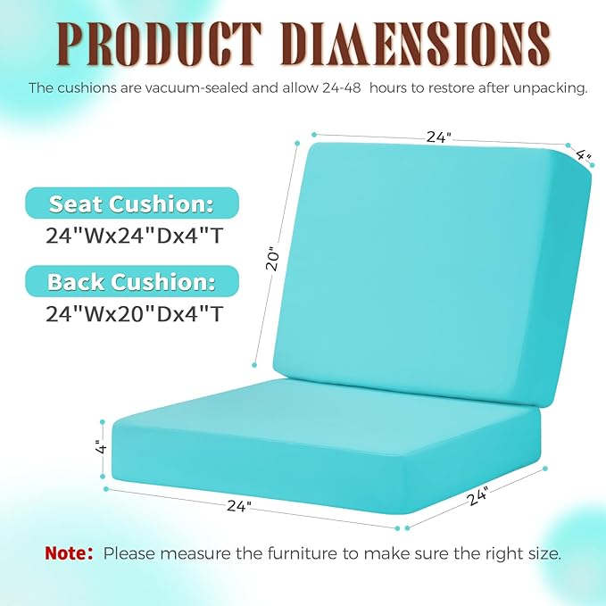 Outdoor Deep Seat Cushion Set of 2, 24 x 24 Inch Waterproof and Fade Resistant Patio Furniture Cushion Backrest with Ties for Patio Garden Yard and Balcony (Teal-2Pcs, 24x24Inch)