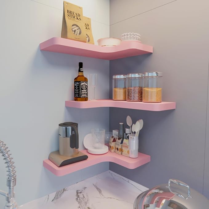 SAUMONIERES Corner Floating Shelves 24 Inch Wall Mount Shelf Solid Wood for Bedroom Bathroom Kitchen Storage Set of 2, Pink