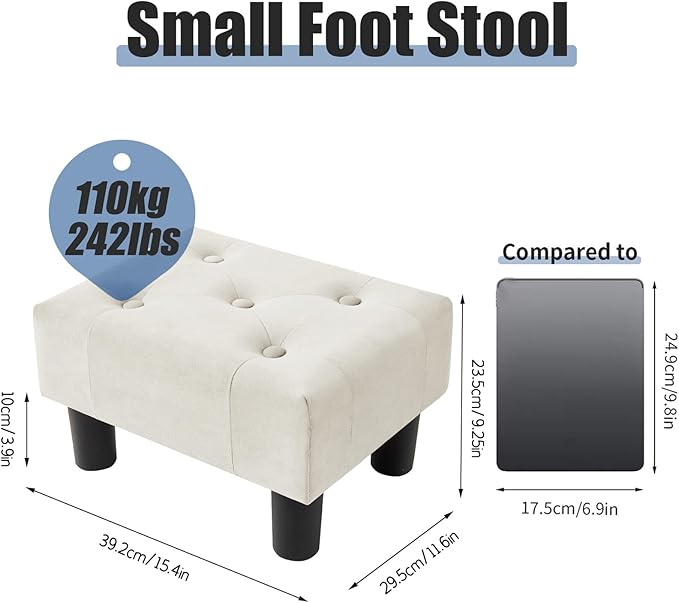 BRIAN & DANY Small Foot Stool, Velvet Foot Stools with Legs, Stable Small Footstool for Living Room, Milky White