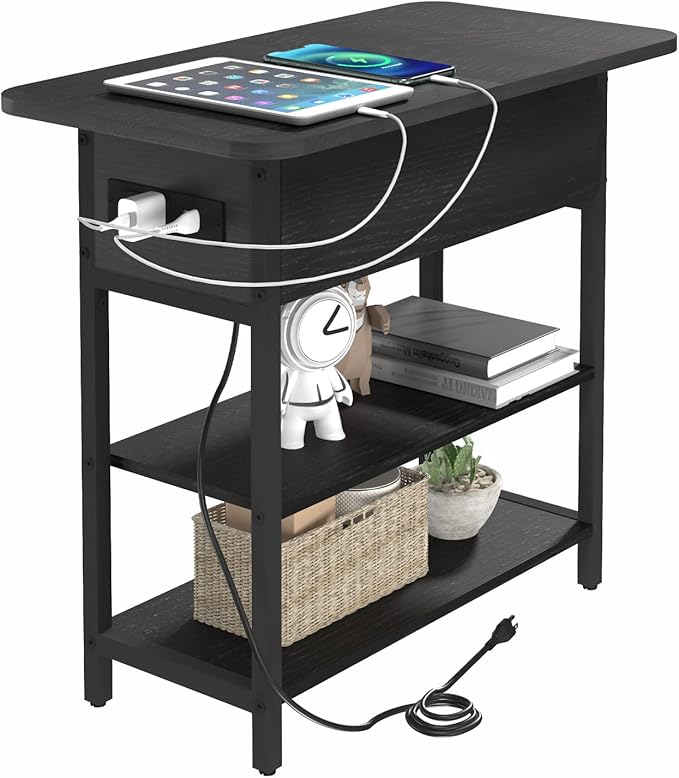Yoobure End Table with Charging Station, Flip Top Side Table with USB Ports and Outlets, Sofa Couch Table Bedside Table for Living Room Bedroom, Narrow Nightstand with Storage Shelves for Small Space