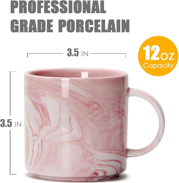 Smilatte 12 oz Stackable Coffee Mugs for Office, M101 Novelty Marble Ceramic Tea Cups for Boy Girl lover Women Men, Set of 4, Pink