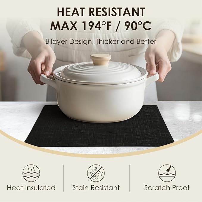Placemats Set of 4, Bilayer Thickened Linen Place Mats Heat Resistant Machine Washable Wrinkle Free Carefully Selected Polyester Mats for Kitchen/Dining/Coffee Table (Black)