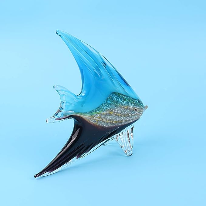 Hophen Art Glass Tropical Angel Swallow Fish Blown Handmade Sea Animal Figurine Sculpture Home Decor Collectible Statue Paper Weight Gift Ornament (Blue and Black)