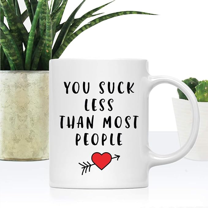Andaz Press Valentine’s Day Funny 11oz. His Her Couples Coffee Mug Gift, You Suck Less Than Most People, Heart Graphic, 1-Pack, Gift Box