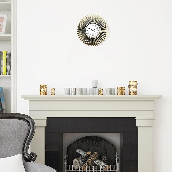 Small Wall Clock 10 Inch, Bronze Analog Battery Operated Wall Clock Vintage Starburst Decorative Clock for Living Room Decor, Bathroom, Kitchen, Office