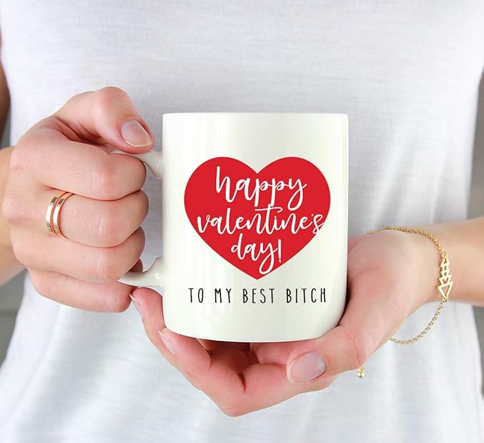Andaz Press Valentine’s Day Funny 11oz. His Her Couples Coffee Mug Gift, Happy Valentine's Day! To My Best Bitch, Heart Graphic, 1-Pack, Gift Box