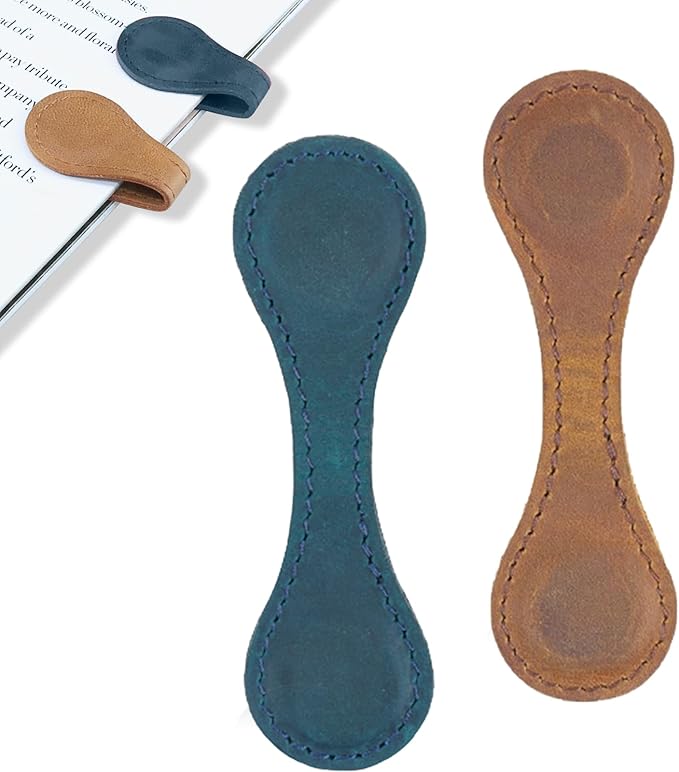 2Pcs Magnetic Leather Bookmarks for Women & Men - Vintage Faux Double-Sided Book Mark Clips, Reader Accessories for Books/Notebooks, Book Lover Gift Set (Blue + Brown)