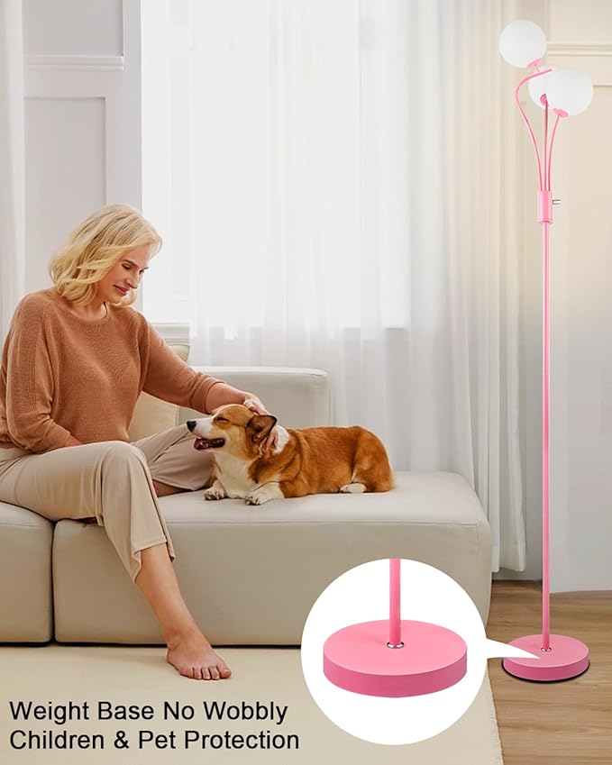 Lightdot Pink Floor Lamp for Girls Room Stepless Dimmable Globe Standing Lamp with 3Pcs 3000K G9 Bulbs Modern Design & Stable Base Mid Century Floor Lamps for Living Room/Bedroon