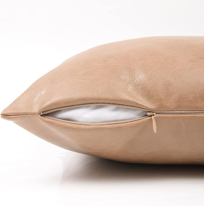 Fancy Homi 2 Packs Tan Long Lumbar Faux Leather Decorative Throw Pillow Covers 12x24 Inch for Outdoor Couch Bed, Beige Hand Stitched Cushion Case 30x60 cm, Taupe Modern Farmhouse Home Decor