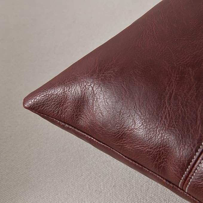 Fancy Homi 2 Packs Burgundy Lumbar Faux Leather Decorative Throw Pillow Covers 12x20 Inch for Outdoor Couch Bed, Modern Farmhouse Boho Home Decor, Wine Red Hand Stitched Cushion Case 30x50 cm