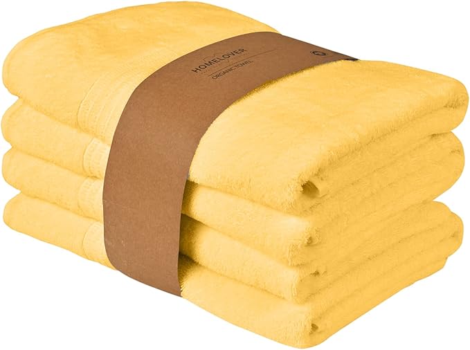 HOMELOVER 4 Piece Luxury Bath Towel Set - 100% Organic Cotton, 500 GSM, Hotel Quality, Highly Absorbent, Soft & Quick Drying Bathroom Towels for Showering, Washing & Guests (Lemon Yellow)