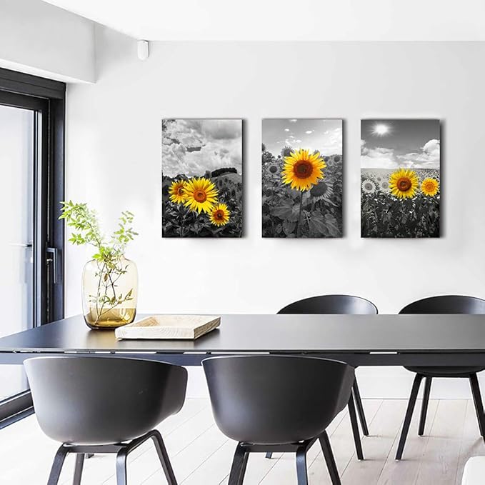 Large size Canvas Wall Art for Living Room family Bedroom wall painting Decoration,Bathroom Wall Decor kitchen Home Decoration Black and white sunflower flowerswall pictures artwork,16x24 3 piece