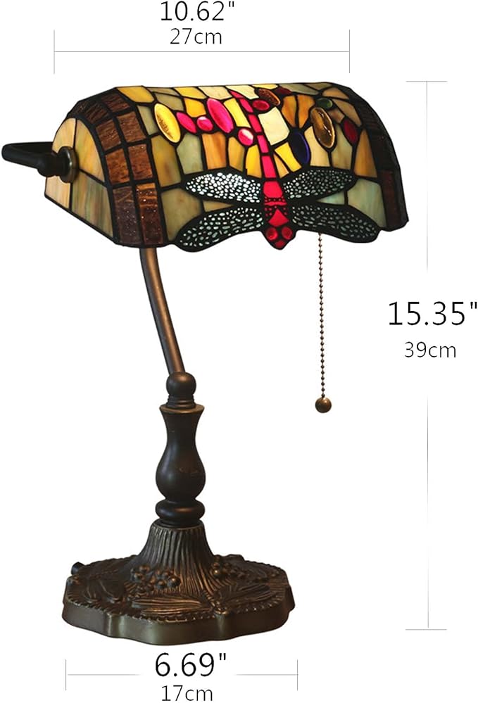 Tiffany Style Bankers Table Lamp Stained Glass Piano Desk Lamp Vintage Bedroom Bedside Lamp for Study,Antique Alloy Base,Zipper Switch,Dragonfly a
