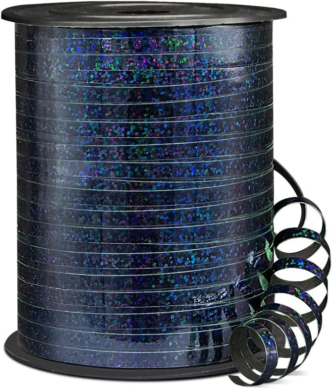 500 Yards Shiny Metallic Curling Ribbon with Spool, 1/5" Holographic Curly Ribbons - Ideal for Gift Wrapping, Birthday, Halloween, Christmas Party Decorations, Balloon String Ribbon in Black